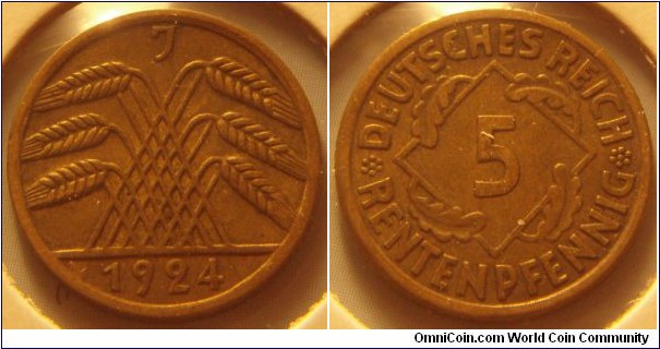 Weimar Republic | 
5 Rentenpfennig, 1924 J | 
20 mm, 3.3 gr. | 
Bronze | 

Obverse: Wheat ears drawing a pyramid, mint letter above, date below | 
Lettering: J 1924 | 

Reverse: Denomination | 
Lettering: * DEUTSCHES REICH * 5 RENTENPFENNIG |