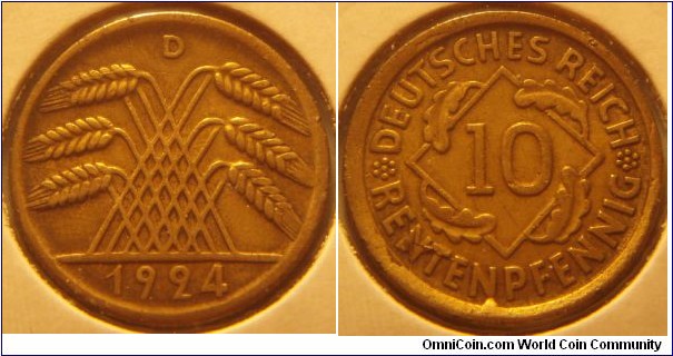 Weimar Republic | 
10 Rentenpfennig, 1924 D | 
20 mm, 3.3 gr. | 
Bronze | 

Obverse: Wheat ears drawing a pyramid, mint letter above, date below | 
Lettering: D 1924 | 

Reverse: Denomination | 
Lettering: * DEUTSCHES REICH * 10 RENTENPFENNIG | 