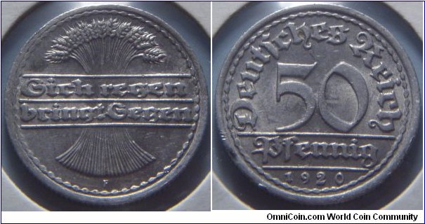 Weimar Republic | 50 Pfennig, 1920 F | 
20 mm, 3.3 gr. | 
Bronze | 

Obverse: The proverb 