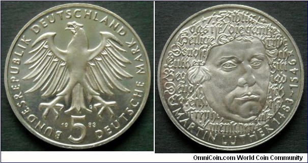 Federal Republic of Germany 5 mark.
1983, Martin Luther (1483-1546)