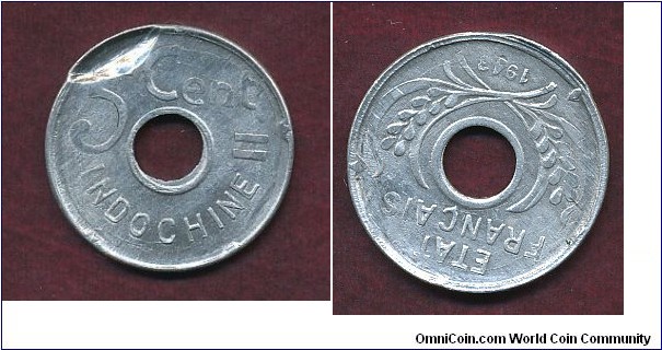 French Indochina 5 centime indent by planchet