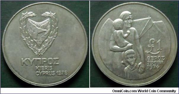 Cyprus 1 pound.
1976, Refugees.
Cu-ni. Weight; 28,3g.
Diameter; 38,5mm.
Reeded edge. Mintage: 25,000 pieces.