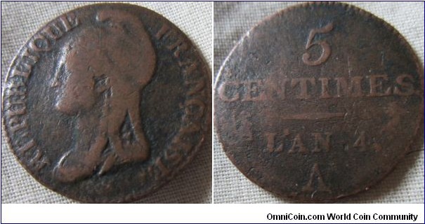 1795/6 5 CENTIMES, worn but clear details.