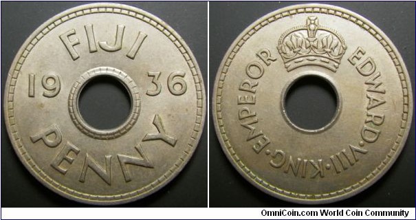 Fiji 1936 1 penny issued under Edward VIII. Short lived reign. Nice condition. 