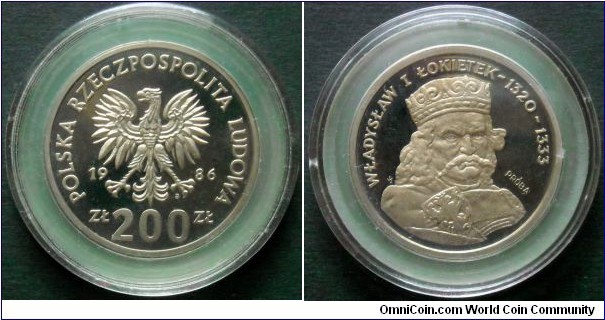 Poland 200 zlotych.
1986, King Wladyslaw I Lokietek. Inscription on edge: 220 Years of Warsaw Mint. Cu-ni. Weight; 10,8g. Diameter; 29,5mm.
Pattern coin. Proof.
Mintage: 10.000 pieces.