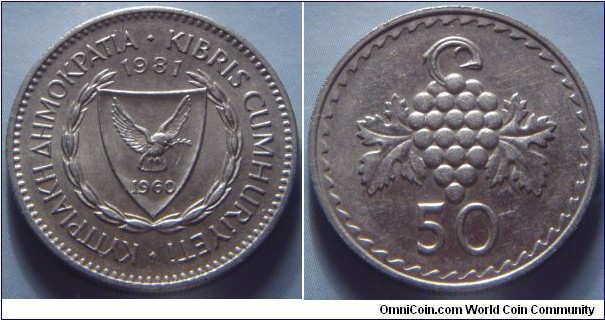 Cyprus |
50 Mils, 1981 | 
23.5 mm, 5.6 gr. | 
Copper-nickel | 

Obverse: National Coat of Arms with the independence year 1960, date below | 
Lettering: • ΚΥΠΡΙΑΚΗ ΔΗΜΟΚΡΑΤΙΑ • KIBRIS CUMHURİYETİ | 

Reverse: Grape cluster, denomination below | 
Lettering: 50 |