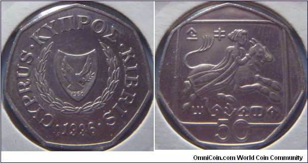 Cyprus |
50 Sent, 1996 – Abduction of Europa | 
26 mm, 7 gr. | 
Copper-nickel | 

Obverse: National Coat of Arms with the independence year 1960, date below | 
Lettering: • CYPRUS • ΚΥΠΡΟΣ • KIBRIS • 19896| 

Reverse: Abduction of Europa by Zeus transformed into a white bull, denomination below | 
Lettering: 50 |