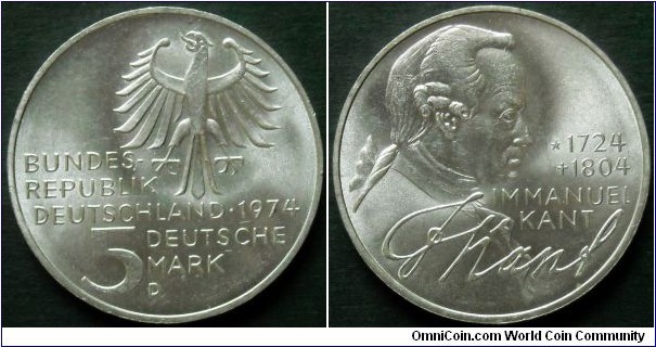 Federal Republic of Germany (West Germany) 5 mark.
1974, Immanuel Kant (1724-1804) Ag 625.