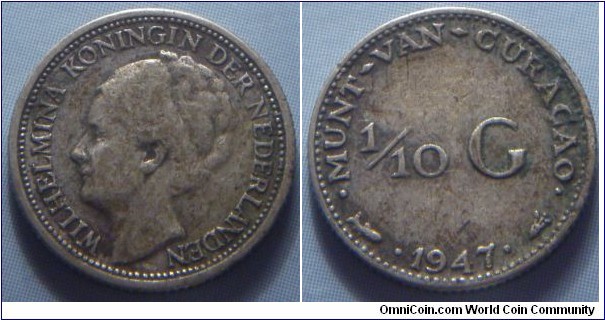 Curaçao | 
1/10 Gulden, 1947 | 
15 mm, 1.4 gr. | 
Silver (.640) | 

Obverse: Queen Wilhelmina facing left | 
Lettering: WILHELMINA KONINGIN DER NEDERLANDEN | 

Reverse: Denomination, date below| 
Lettering: • MUNT VAN CURAÇAO • 1/10 G 1947 |