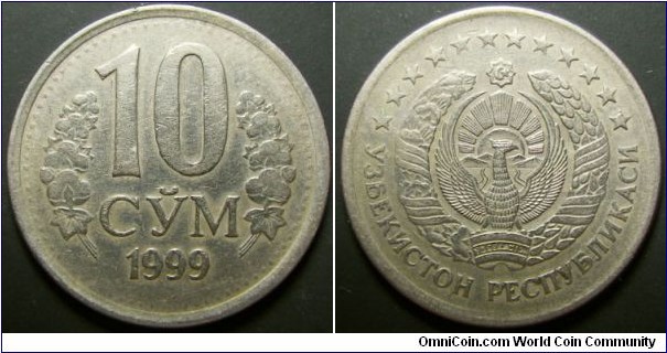 Uzbekistan 1999 10 som. Rather difficult coin to find. Weight: 4.73g. 