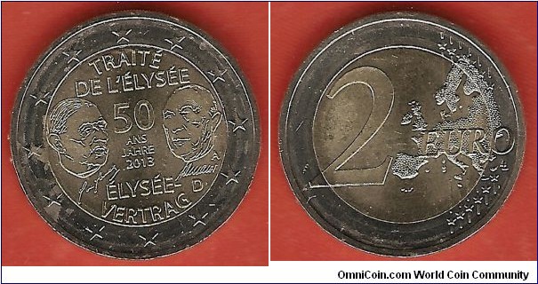 German 2 euro coin commemorating the Treaty of the Elysee. 