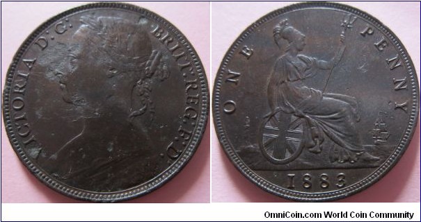 1883 penny, traces of Lustre, weak strike and corrsion on Obverse otherwise a beautiful penny
