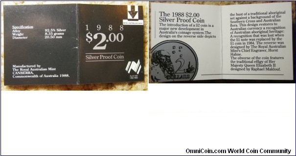 Australia 1988 2 dollar (silver) coin certificate. 