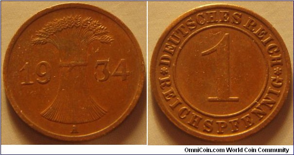 Weimar Republic | 
1 Reichspfennig, 1934 A | 
17.5 mm, 2 gr. | 
Bronze | 

Obverse: Wheatsheaf divide date | 
Lettering: 1934 A |

Reverse: Denomination | 
Lettering: * DEUTSCHES REICH 1 * REICHSPFENNIG |