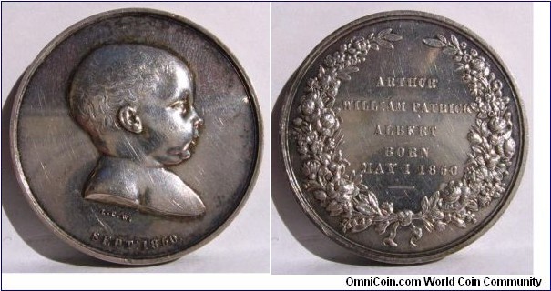 1850 UK Royal Family Children ARTHUR WILLIAM PATRICK ALBERT Medal by L.C. Wyon. Silver: 32MM.
Obv: Protrait of Baby Arthur William Patrick Albert to right signed L.C.W. SEPT: 1850. Rev: Wreath surround with legend AUTHUR WILLIAM PATRICK ALBERT BORN MAY 1, 1850
