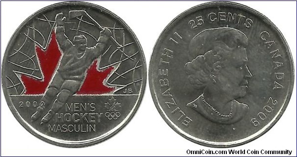 Canada 25 Cents 2009 - XIX.Winter Olympics 2002; Men's Hockey Gold Medalist Canada Team