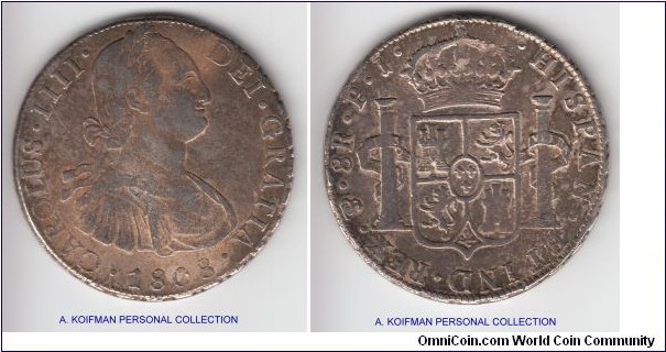 KM-73, 1808 Bolivia 8 reales, Potosi mint (PTS mintmark), PJ essayer; silver; very fine or so, darkly toned.