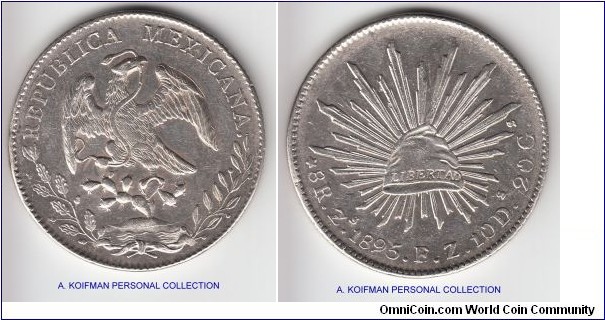 KM-377.13, 1895 Mexico 8 reales, Zacatecas mint (Zs mint mark), FZ essayer; silver, reeded edge; bright lustrous about uncirculated specimen.