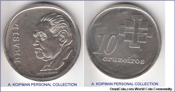 KM-588, 1975 10 cruzeiros; silver, lettered edge; commemorative 10 year anniversary of the Cental bank, nice proof-like uncirculated coin, few small spots on obverse, rather scarce coin with the mintage of 20,000.