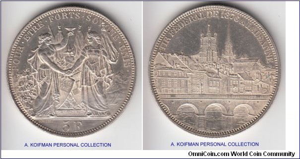 KM-X#S13, 1876 Switzerland 5 francs shooting thaler; silver, reeded edge; Lausanne shooting thaler, matte looking except for the sky part over city which is lustrous, mintage 20,000.