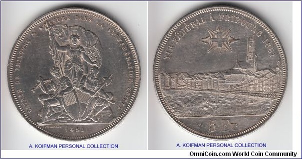 KM-X#S15, 1883 Switzerland 5 francs shooting thaler; silver, reeded edge; Fribourg shooting thaler, a bit scruffy; mintage 30,000.
