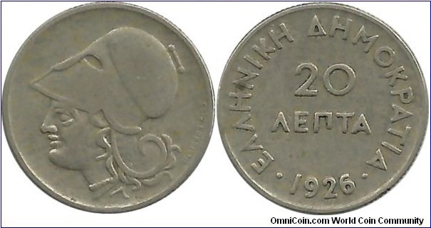 GreeceRepublic 20 Lepta 1926