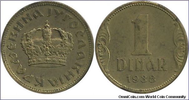 Yugoslavia-Kingdom 1 Dinar 1938