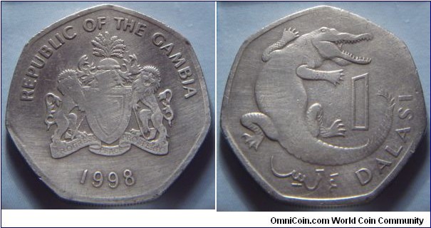 The Gambia | 
1 Dalasi, 1998 | 
26 mm, 5.6 gr. | 
Brass plated Steel | 

Obverse: National Coat of Arms, date below | 
Lettering: REPUBLIC OF THE GAMBIA 1998 | 

Reverse: A Slender-snouted crocodile, denomination below | 
Lettering: 1 DALASI |