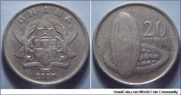 Ghana | 
20 Pesewas, 2007 | 
23.5 mm, 4.3 gr. | 
Copper-nickel | 

Obverse: National Coat of Arms, date below | 
Lettering: GHANA 2007 | 

Reverse: Split open fruit, denomination right | 
Lettering: 20 PESEWAS |