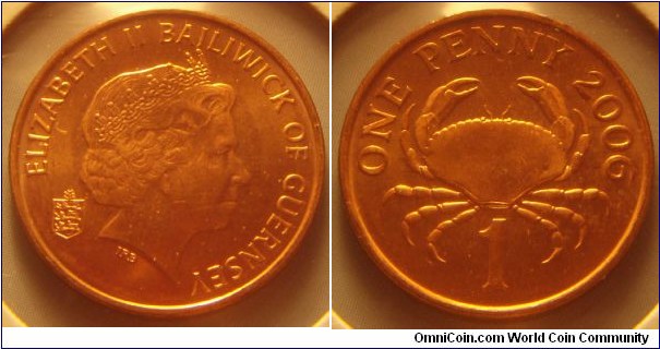 Guernsey | 
1 Penny, 2006 | 
20.32 mm, 3.56 gr. | 
Copper plated Steel | 

Obverse: Queen Elizabeth II facing right, National Coat of Arms left | 
Lettering: ELIZABETH II BAILIWICK OF GUERNSEY | 

Reverse: Edible crab, date right, denomination below | 
Lettering: ONE PENNY 2003 1 |