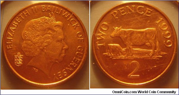 Guernsey | 
2 Pence, 1999 | 
25.91 mm, 7.12 gr. | 
Copper plated Steel | 

Obverse: Queen Elizabeth II facing right, National Coat of Arms left | 
Lettering: ELIZABETH II BAILIWICK OF GUERNSEY | 

Reverse: Guernsey Cows, date right, denomination below | 
Lettering: TWO PENCE 1999 2 |