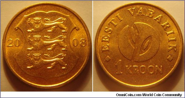 Estonia | 
1 Kroon, 2008 – 90th Anniversary of the Republic of Estonia | 
23.25 mm, 5 gr. | 
Nordic Gold | 

Obverse: Three lions within shield divide date | 
Lettering: 2008 | 

Reverse: Denomination | 
Lettering: • EESTI VABARIIK • 1 KROON |