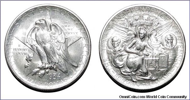 UNITED STATES OF AMERICA~Half Dollar 1934. Centennial: Battle of the Alamo 1836-1936.
