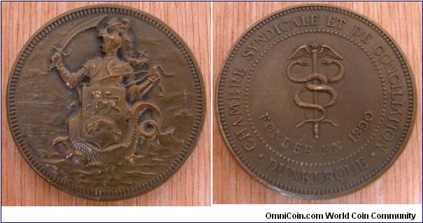 1890 France Dunkerque Chambre Syndicale De Conciliation founded in 1890 Medal by Dubois. Bronze: 36MM
Obv: Armed Knight riding mermaid on the open sea with Coat of Arms of Dunkerque, light house behind. Obv: Rod of Aesculapius in middle. Legend DUNKERQUE CHAMBRE SYNDICALE ET DE CONCILIATION.FONDEE EN 1890.
