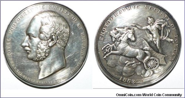 1853 UK Royal Photographic Society of London Medal. Silver: 89MM./4.3 OZ.
Obv: Portriet of Prince Albert to left. Legend ROYAL PHOTOGRAPHIC SOCIETY OF GR. BRITAIN. H.R.H. THE PRICE CONSORT PATRON 1953-1861. Rec:  Britanian riding 4-horse chairot on the cloud. Legend PHOTOGRAPHIC SOCIETY OF LONDON. 1853 with Hallmarks. Rim: Edwarded details WALTER CLARK. 1965
