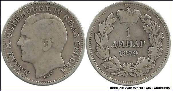 Serbia-Principality 1 Dinar 1879 - Ruler: Prince Milan Obrenović IV (1868–1882)