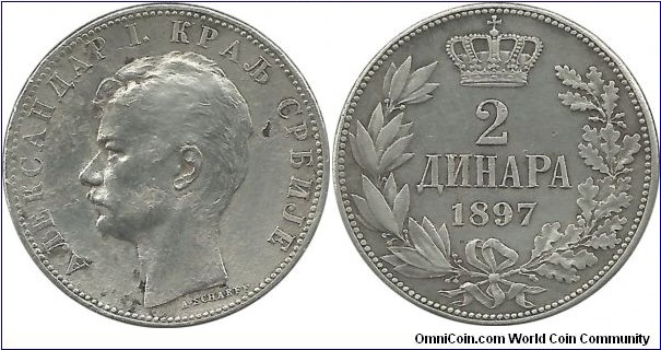 Serbia-Kingdom 2 Dinara 1897 - Ruler: King Alexander I (1889–1903)	 