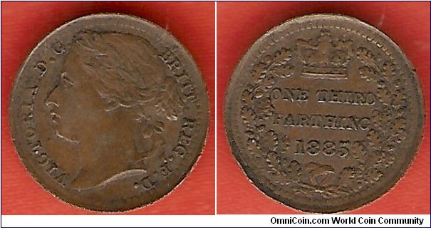 1/3 Farthing 1885
Victoria
Bronze
Issued for use in Malta