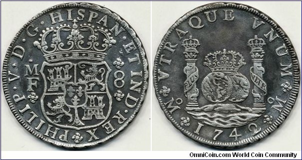 Spanish colony, Mexico, Philip V, 8 Reales, 1842/1, KM# 103. This piece of eight was apparently overstruck on another coin, however what is the underlying coin? It looks like from opposite side 