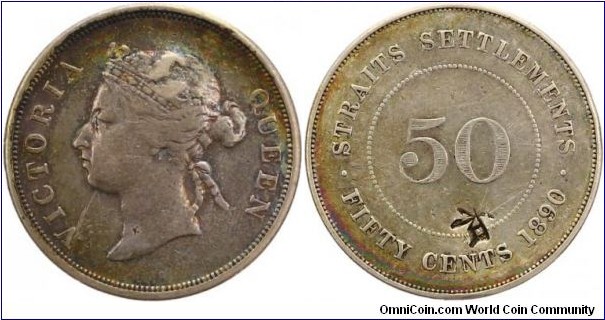 Straits Settlements, Queen Victoria, 50 Cents, 1890 H, nearly very fine with chopmarked 