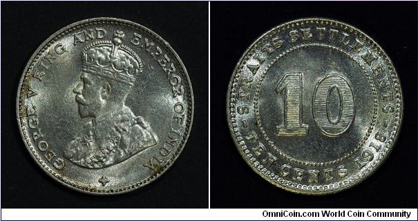 Straits Settlements Kg George V, 10cts Silver. Mintage: 7,500,074 BU