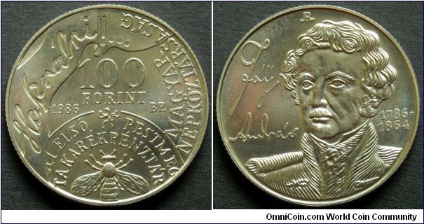 Hungary 100 forint.
1986, Andras Fay.
Cu-ni-zn. Mintage: 42.000 pieces.