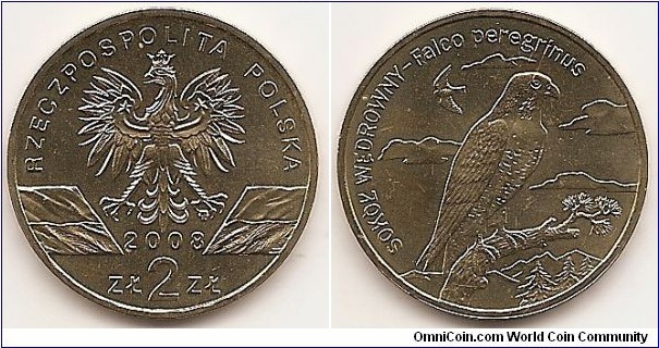 2 Zlote
Y#627
8.1500 g., Brass, 27 mm. Subject: Animals of the World. Obv: An image of the eagle established as the State emblem of the Republic of Poland. Under the Eagle, the notation of the year of issue, 2008, below,an inscription, ZŁ 2 ZŁ. The images of the Polish national flag on the sides of the Eagle’s legs. At the top, a semicircular inscription, RZECZPOSPOLITA POLSKA. The Mint’s mark under the eagle’s left leg, M/W. Rev: An image of a peregrine falcon sitting on a branch. On the top to the left, an image of a peregrine falcon in flight. On the left and on the right of the falcon, stylised images of clouds. At the bottom, on the right, a stylised image representing mountains and trees. On the left, a semicircular inscription, SOKÓŁ WĘDROWNY - Falco peregrinus. Edge: An inscription, NBP, eight times repeated, every second one inverted 180 degrees, separated by stars. Obv designer: Ewa Tyc-Karpińska, rev designer: Roussanka Nowakowska.