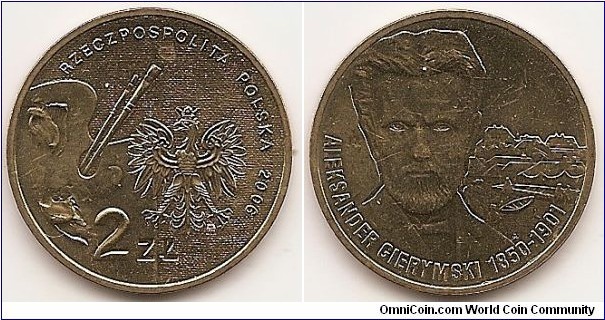 2 Zlote
Y#575
8.1500 g., Brass, 27 mm. Subject: Polish Painters of the Turn of 19th & 20th Centuries Obv: An image of the Eagle established as the State Emblem of the Republic of Poland. On the left side, a palette and two paintbrushes. At the bottom, an inscription, 2 ZŁ, at the top, a semicircular inscription, RZECZPOSPOLITA POLSKA (Republic of Poland) and a notation of the year of issue, 2006. The Mint’s mark under the Eagle’s left leg, M/W Rev: An effigy of Aleksander Gierymski from the painting 