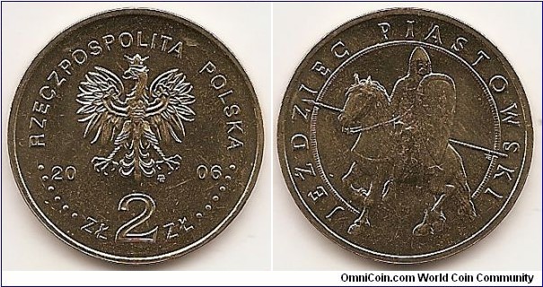 2 Zlote
Y#576
8.1500 g., Brass, 27 mm. Subject: History of the Polish Cavalry Obv: : An image of the Eagle established as the State Emblem of the Republic of Poland; on the sides of the Eagle the notation of the year of issue, 20-09; below the Eagle an inscription, ZŁ 2 ZŁ, in the rim an inscription, RZECZPOSPOLITA POLSKA, preceded and followed by six pearls. The Mint’s mark: M/W, under the Eagle’s left leg Rev: In the centre, a stylised image of an armoured mounted sergeant armed with a spear, a sword and a shield. A circumscription: JEŹDZIEC PIASTOWSKI (the Piast Horseman). Edge: The inscription, NBP, repeated eight times, every second one inverted by 180 degrees, separated by stars. Designer: Ewa Tyc-KarpińsKa