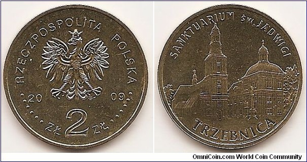 2 Zlote
Y#711
8.1500 g., Brass, 27 mm. Subject: Towns in Poland Obv: An image of the Eagle established as the state emblem of the Republic of Poland. On the sides of the Eagle, the notation of the year of issue: 20-10. Below the Eagle, an inscription: ZŁ 2 ZŁ. In the rim, an inscription: RZECZPOSPOLITA POLSKA (Republic of Poland), preceded and followed by six pearls. The mint’s mark: M/W, under the Eagle’s left leg above value Rev: Church and monastery in city. At the bottom, a semicircular inscription: TRZEBNICA. Edge: The inscription: NBP, repeated eight times, every second one inverted by 180 degrees, separated with stars. Obv. Designer: Ewa Tyc-Karpińska Rev. Designer: Andrzej Nowakowski