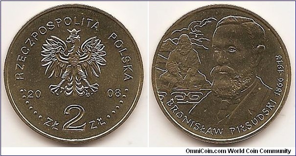 2 Zlote
Y#648
8.1500 g., Brass, 27 mm. Subject: Polish Travellers and Explorers Obv: An image of the eagle established as the state emblem of the republic of Poland. On the sides of the Eagle, the notation of the year of issue: 20-08; below the Eagle, an inscription: ZŁ 2 ZŁ. In the rim, an inscription: RZECZPOSPOLITA POLSKA (Republic of Poland), preceded and followed by six pearls. The Mint’s mark: M/W, under the Eagle’s left leg Rev: : On the right-hand side, a stylised image of Bronisław Piłsudski’s bust. On the left-hand side, a figure of a seated man in Ainu costume against the background of stylised images of mountains. Below the figure, a stylised fragment of an ornament from Ainu costume. At the bottom, a semi-circular inscription: BRONISŁAW PIŁSUDSKI 1866-1918 Edge: An inscription, NBP, repeated eight times, every second one inverted by 180 degrees, separated by stars. Obv. designer: Ewa Tyc-Karpińska Rev. designer: Roussanka Nowakowska