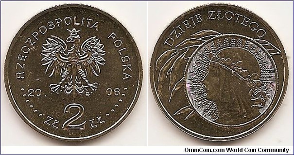 2 Zlote
Y#582
8.1500 g., Brass, 27 mm. Subject: History of the Polish Zloty Obv: Image of the Eagle established as the State Emblem of the Republic of Poland, at the sides of the Eagle the notation of the year of issue, 20-06, underneath the Eagle, an inscription, ZŁ 2 ZŁ, in the rim an inscription: RZECZPOSPOLITA POLSKA, preceded and followed by six pearls. The Mint’s mark under the Eagle’s left leg: M/W Rev: On the right-hand side an image of the reverse of the 10 zł coin from 1932. In the background a stylised image of a willow twig. At the top a semicircular inscription, DZIEJE ZŁOTEGO (History of the Polish Zloty). Edge: : An inscription, NBP, eight times repeated, every second one inverted by 180 degrees, separated by stars. Obv. designer: Ewa Tyc-Karpińska Rev. designer: Andrzej Nowakowski