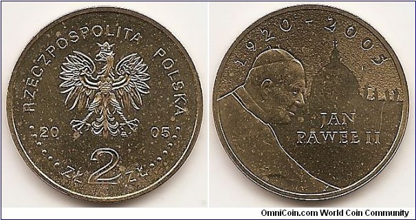 2 Zlote
Y#525
8.1500 g., Brass, 27 mm. Subject: Pope John Paul II Obv: Image of the Eagle established as the State Emblem of the Republic of Poland, at the sides of the Eagle the notation of the year of issue, 20-05, underneath the Eagle, an inscription, ZŁ 2 ZŁ, in the rim an inscription: RZECZPOSPOLITA POLSKA, preceded and followed by six pearls. The Mint’s mark under the Eagle’s left leg: M/W Rev: An image of Pope John Paul II, on the left-hand side. A stylised view of a fragment of St Peter's Basilica in Rome and an inscription, JAN PAWEŁ II, on the right-hand side. A semicircular inscription, 1920-2005, above. Edge: : An inscription, NBP, eight times repeated, every second one inverted by 180 degrees, separated by stars. Obv. designer: Ewa Tyc-Karpińska Rev. designer: Urszula Walerzak