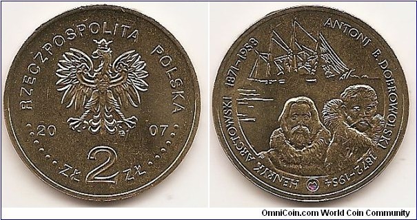 2 Zlote
Y#610
8.1500 g., Brass, 27 mm. Subject: Polish Travelers & Explorers Obv: Image of the Eagle established as the State Emblem of the Republic of Poland, at the sides of the Eagle the notation of the year of issue, 20-07, underneath the Eagle, an inscription, ZŁ 2 ZŁ, in the rim an inscription: RZECZPOSPOLITA POLSKA, preceded and followed by six pearls. The Mint’s mark under the Eagle’s left leg: M/W Rev: : Images of the busts of Henryk Arctowski and Antoni B. Dobrowolski. At the top, a stylised image of the 